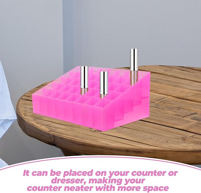 Ipetboom 40 Slots Makeup Holder Plastic Lipstick Holder 40 Slots Lipstick Box Lip Gloss Storage Organizer Tubes Display Case Makeup Desk Organizer for Home Shop Use Pink