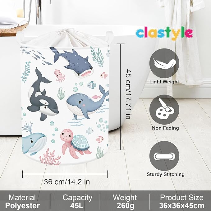 Clastyle Adorable Ocean Animal Laundry Basket Shark Kids Clothes Book Storage Basket Gift Toy Box for Bedroom Decor,Whale,36x45 cm