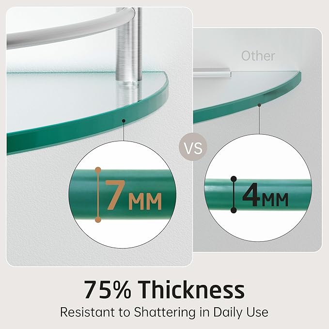 KES Glass Corner Shelf with Hooks 18/8 Stainless Steel, Tempered Glass Bathroom Corner Shelf with Rail, Shower Glass Shelf 3 Pack Wall Mounted, Brushed Finish, BGS2101A-2-P3