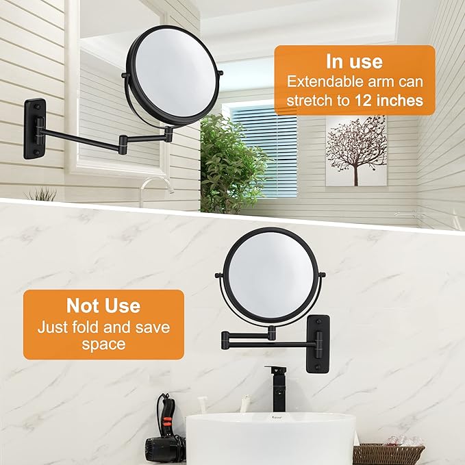 DECLUTTR Wall Mounted Makeup Mirror, 1X/5X Magnifying Mirror Double Sided, 8 Inch Swivel Make Up Mirror for Bathroom, Black