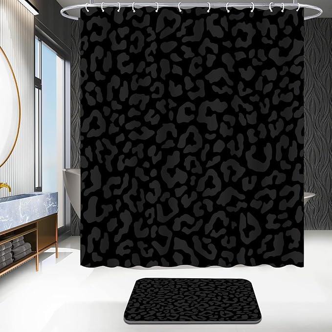4 PCS Leopard Shower Curtain Cheetah Print Shower Curtain Sets Non Slip Bathroom Rugs Soft Plush Bath Mat Toilet Lid Cover Animal Print Shower Curtain with 12 Hooks for Bathroom Tub, Black