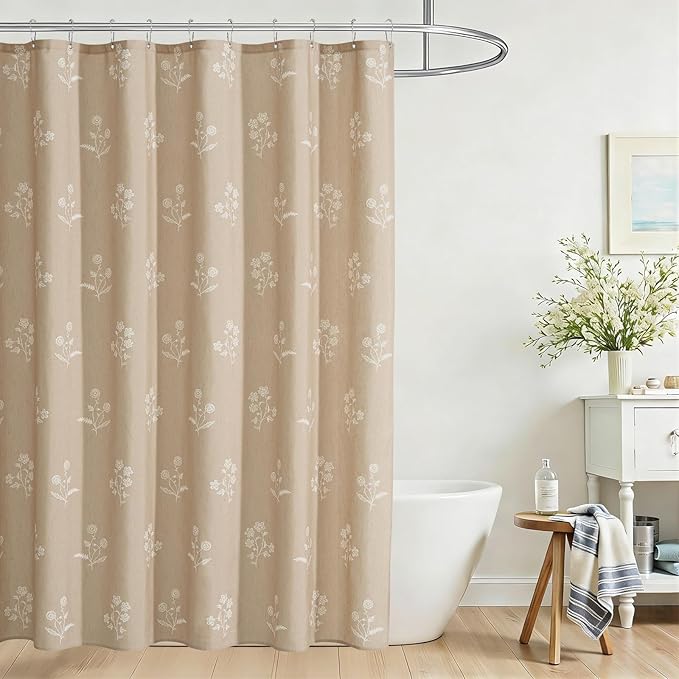ORTIGIA Cottage Core Neutral Shower Curtain Linen Farmhouse Vintage Floral Block Print Shower Curtains Set Boho Rustic Decor for Bathroom 72 W x 72 L