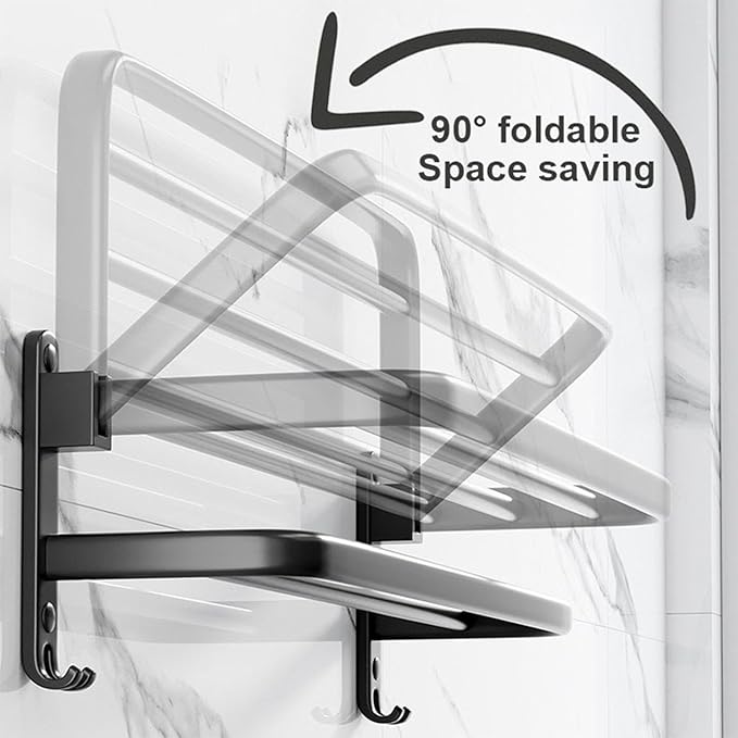 TocTen Towel Rack for Bathroom, Foldable Towel Holder with Double Towel Bars, Wall Mounted Premium Aluminum Bathroom Tower Shelf, Space-Saving Towel Hanger for Bathroom, Lavatory (Black,16 in)