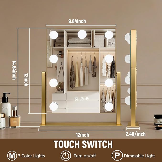 Moonee Gold Vanity Mirror with Lights, Hollywood Lighted Makeup Mirror with 9 Dimmable Bulbs and 10X Magnification 360°Rotation, 3 Colors Modes, Light Up Mirror for Tabletop（12" x 14"）