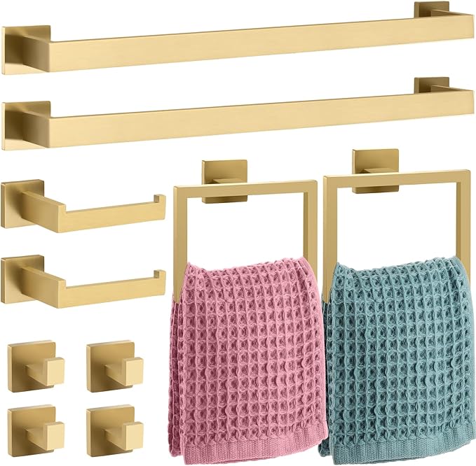 Gisafai 10 Pcs Gold Bathroom Hardware Accessories Set 23.6 Inch Bath Towel Bar Kit Stainless Steel Bathroom Hardware Set Towel Racks Ring Robe Hooks Paper Holder for Wall Mounted