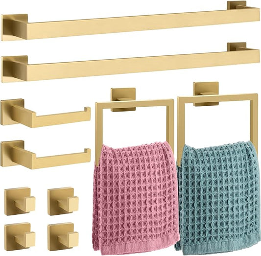 Gisafai 10 Pcs Gold Bathroom Hardware Accessories Set 23.6 Inch Bath Towel Bar Kit Stainless Steel Bathroom Hardware Set Towel Racks Ring Robe Hooks Paper Holder for Wall Mounted