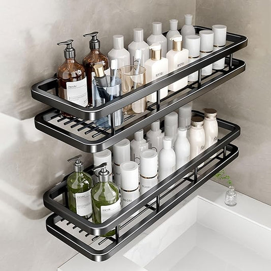 Wall Mounted Bathroom Shelves, Bathroom Storage Box with Protection Railing, Freestanding Kitchen Organizer (Color : 19.6inch, Size : Black Double)