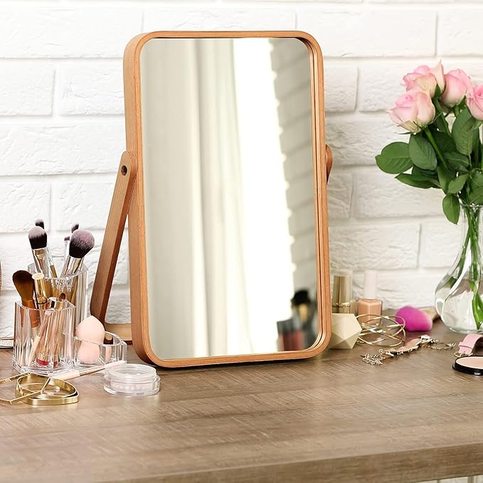 Honeystore Solid Wood Makeup Mirror, 360° Rotating Desktop Vanity Mirror, 9" x 7.1" HD Silver Mirror, Natural Wood Frame, Portable Tabletop & Wall Hanging Cosmetic Mirror (Natural)