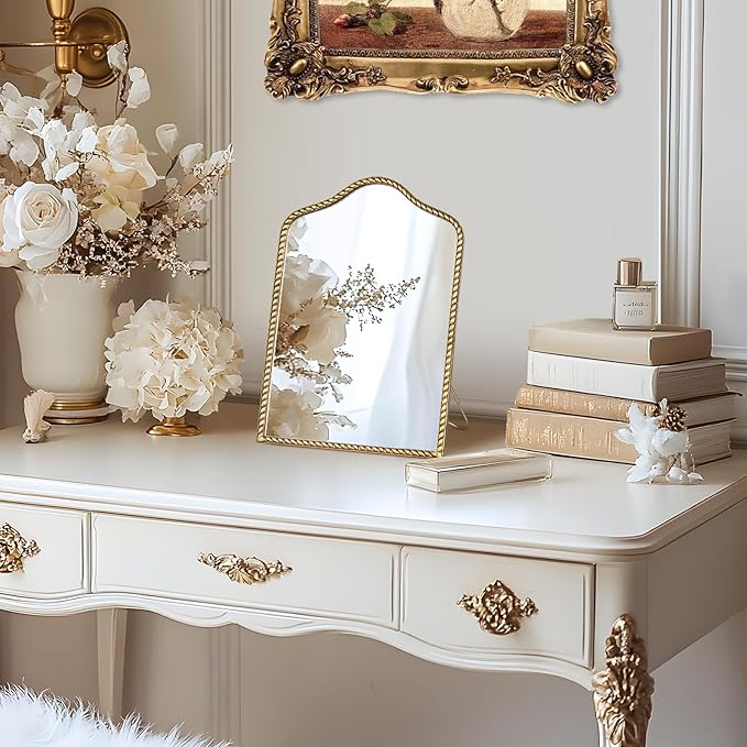 Vintage Desk Makeup Mirror, 11.9" L x 8" W Antique Gold Vanity Table Mirror, Metal Framed Scalloped Small Standing Mirrors with Beaded, 360 Adjustable Rotation for Tabletop, Bedroom