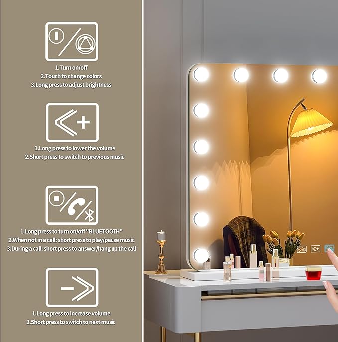 Hasipu Vanity Mirror with Lights and Bluetooth Speaker, 31.5" x 23.6" Hollywood Mirror, Makeup Mirror with 17 Dimmable Bulbs and 10X Magnification, 3 Colors Modes, USB Charging Port, Type-C (White)