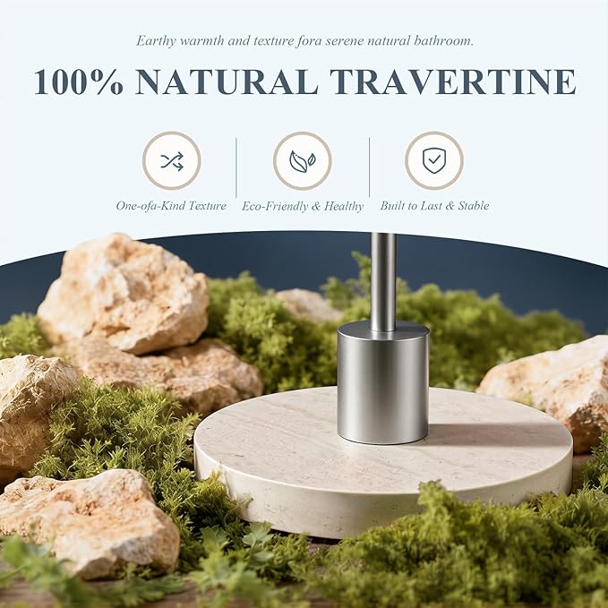 Towel Holder Stand with Natural Travertine Base Stainless Steel Hand Towel Holder Rack for Bathroom Countertop Unique Free Standing Towel Bar Holds 2 Towels for Kitchen Countertop (Brushed Silver)