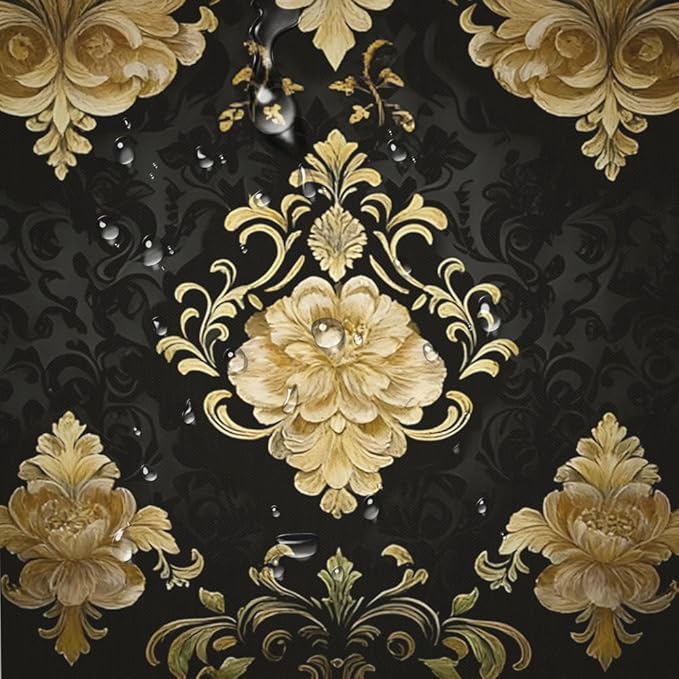 NBVKO 4Pcs Luxury Damascus Gold Flower Pattern Shower Curtain Set with 12 Hooks Non-Slip Rugs,Toilet Lid Cover and Bath Mat,Dark Gold Bathroom Decor for Hotel & Home Bathroom