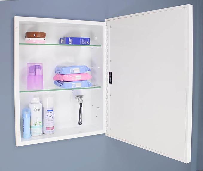 Fox Hollow Furnishings 16x20 Parker Metro Metal Framed Rectangle Recessed Bathroom Medicine Cabinet, Floating Mirror, 14x18 in-Wall Opening, Steel, Adjustable Glass Shelves, Magnet Close, White