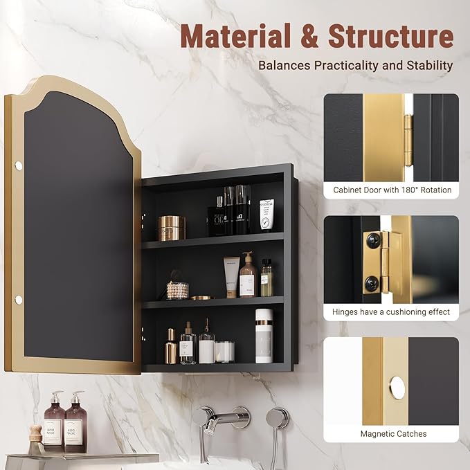 16x24 Inch Medicine Cabinet - Surface Mount or Recessed Bathroom Mirror Cabinet with Storage, Metal Framed, Sturdy & Easy Installation（Gold）