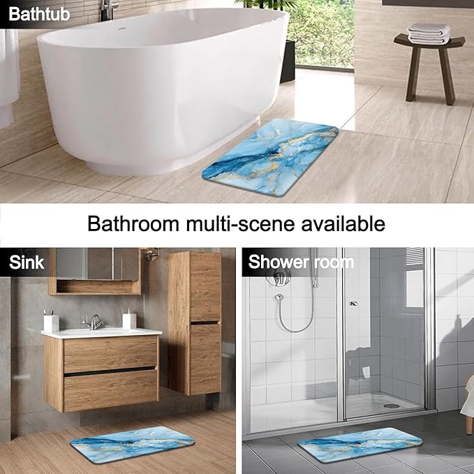 Lnond 4Pcs Marble Bathroom Sets with Shower Curtain and Rugs,Blue Gold Marble Modern Art Bathroom Shower Curtain Sets with Rugs and Accessories