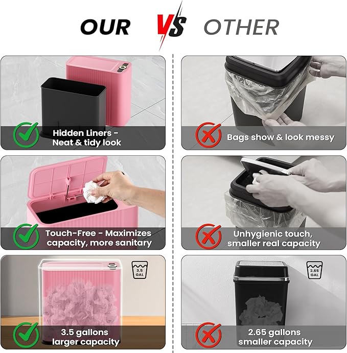 XLHOMO 9-Piece Pink Bathroom Accessories Set - Cute & Functional Set with Slim Trash Can, Soap Dish & Jars - Ideal Gift for Girls, Dorm Room & Modern Vanity Decor