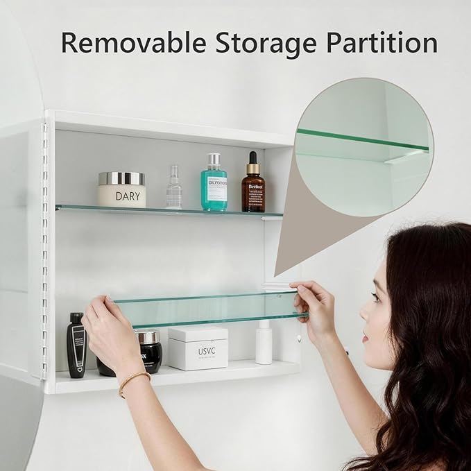 30 Inches Round Bathroom Medicine Cabinet, Frameless Circle Mirror Cabinet Wall Mounted Cabinet with Surface Mount Installation