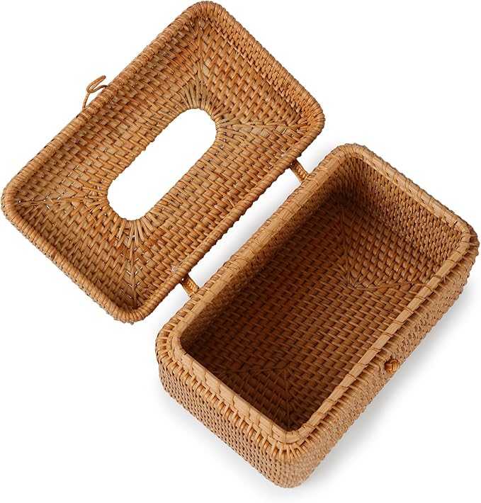 Rattan Rectangular Tissue Box Cover, 10.8" x 6.7" x 5.5", Decorative Woven Facial Tissue Holder with Hinged Top Lid, Natural Color
