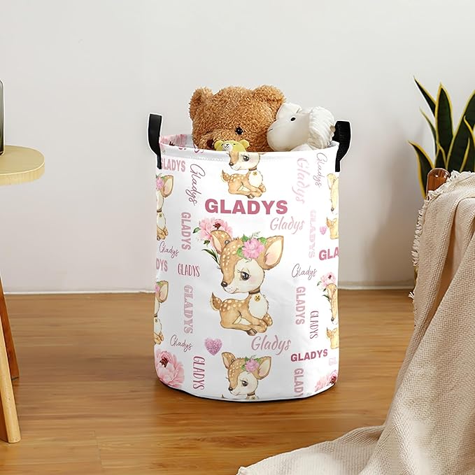 Large Custom Name Laundry Hamper, Deer Personalized Dirty Clothes Hamper Storage Basket with Name for Bathroom Bedrooms, Customized Name Circular Hamper with Handles for Baby Boys Girls Men Women