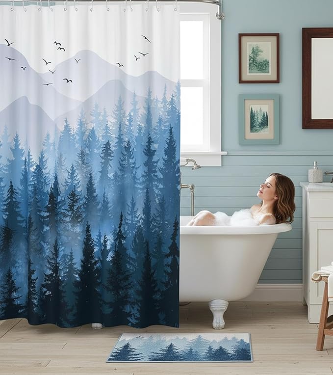 Accnicc 78 Inch Long Blue Misty Forest Shower Curtain Set Ombre Navy Blue Mountain Pine Tree Waterproof Fabric Shower Curtains for Bathroom Nature Woodland Decorative Modern Bath Curtain Decor