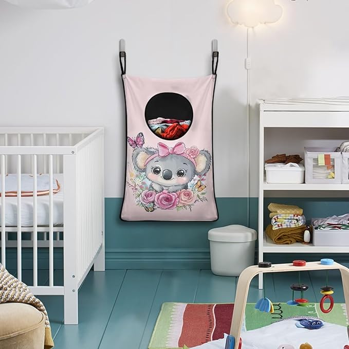 ZOUTAIRONG Pink Rose Koala Print Hanging Laundry Hamper Clothes Basket Over The Door Laundry Hamper Bag Storage Organizers for Kids Bedroom Dorm Closet Hampers