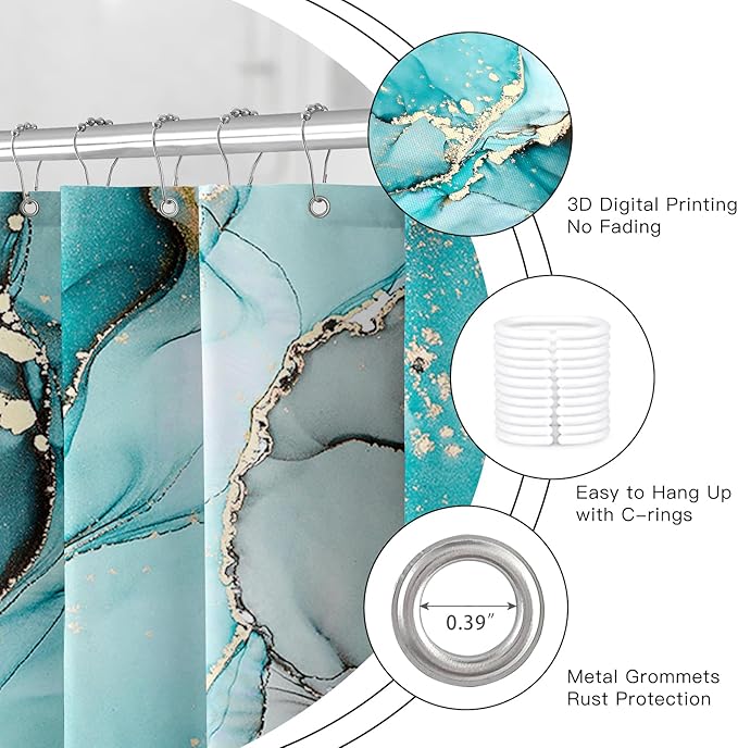 4PCS Teal Blue Marble Shower Curtain Sets with Rugs, Gold Abstract Bathroom Sets with Shower Curtain and Rugs, Modern Bathroom Curtains Shower Set with Accessories for Bathroom Decor