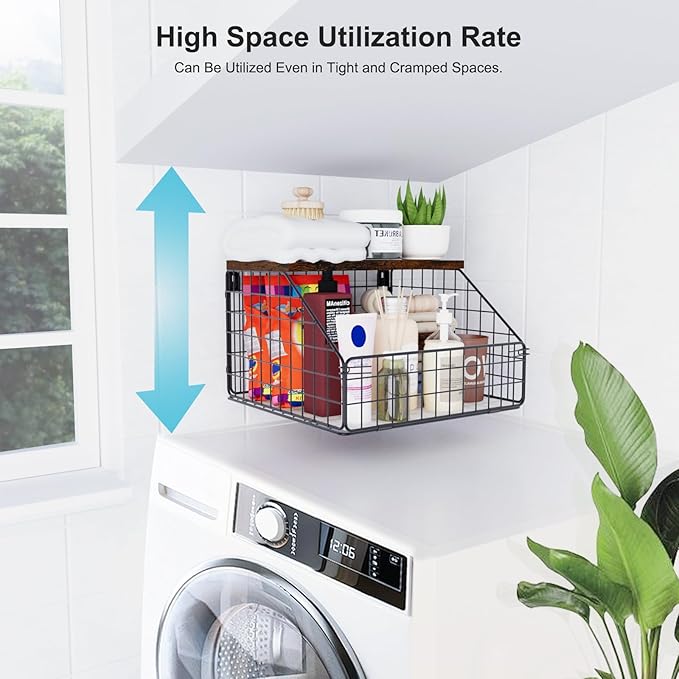 MSJGA Laundry Room Shelves Wall Mounted with Storage Basket - Farmhouse Stackable Wire Wall Shelves Organizer for Towels, Detergent, Tissues | Space-Saving Over Washer & Dryer(11.8" Wx12 Dx8.5 H)
