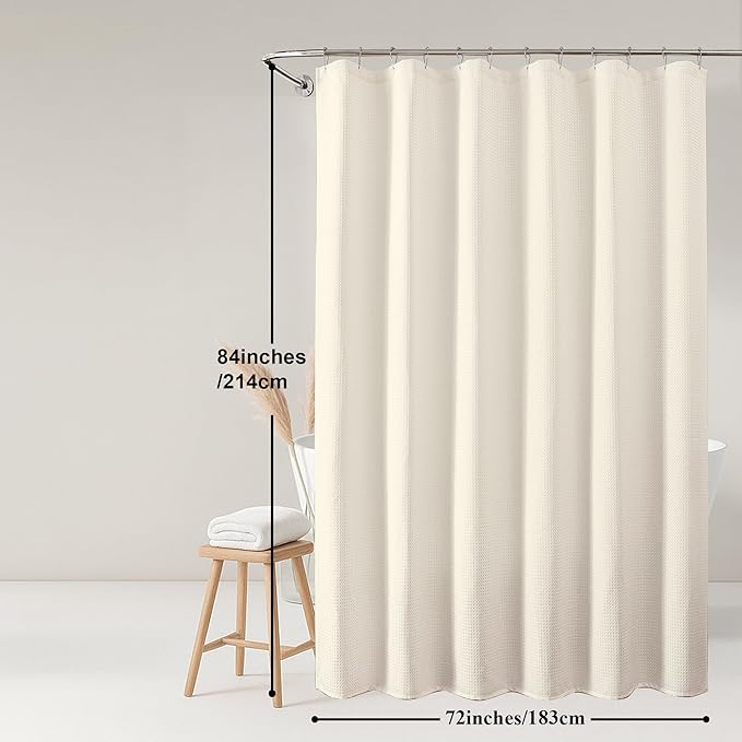 OWENIE Cream Shower Curtain 84 Inches Extra Long, Waffle Weave Heavy Fabric Shower Curtain for Bathroom, Waterproof Soft Hotel Spa Luxury Elegant Bath Curtains, Machine Washable, Cream, 72x84 Inch