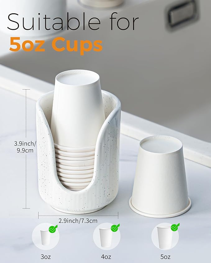 ABRUTY Bathroom Cup Dispenser, 3oz-4oz Ceramic Paper Cup Holder, Small Countertop Mouthwash Dixie Cups Accessories, for Vanity Countertops, Bathroom, Kitchen, and Dining Room, Sand