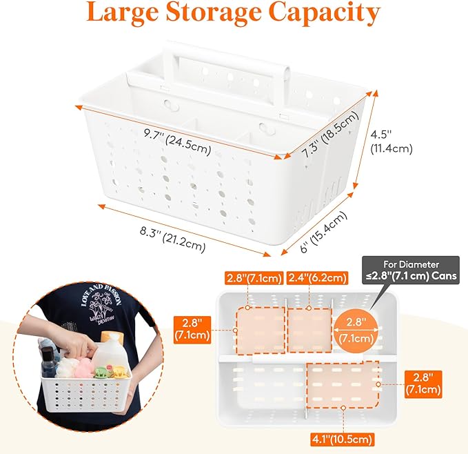 Lifewit Shower Caddy Portable, Plastic Bathroom Organizer with Handle and Holes, Hard Cleaning Basket for Toiletry Storage, College Dorm Essentials, White, 2 Packs