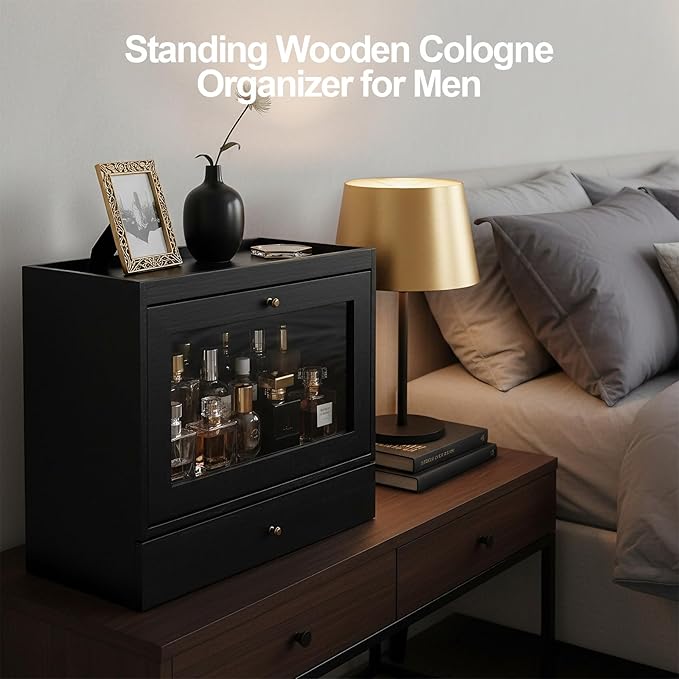 Cologne Organizer for Men,Perfume Stand Holder,Cologne Shelf, Solid Wood Cologne Stand with Drawer Storage and Clear Window,Organizador de Perfumes,Perfume Stand Organizer,Black
