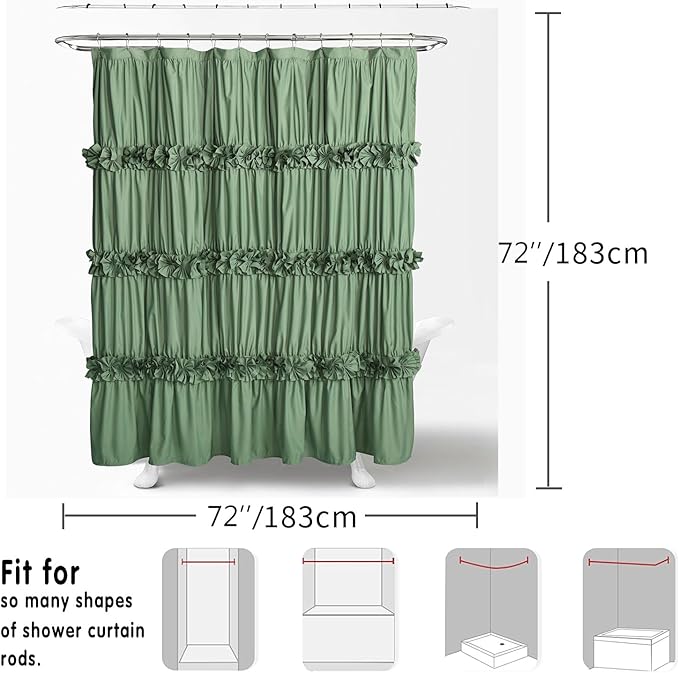 Light Green Ruffle Shower Curtain, Vintage Handcrafted Bow Tie Bath Curtain for Master Bathroom, Ruched Microfiber Bathroom Curtain with 12 Buttonholes, 72" W x 72" H (LQ-10)