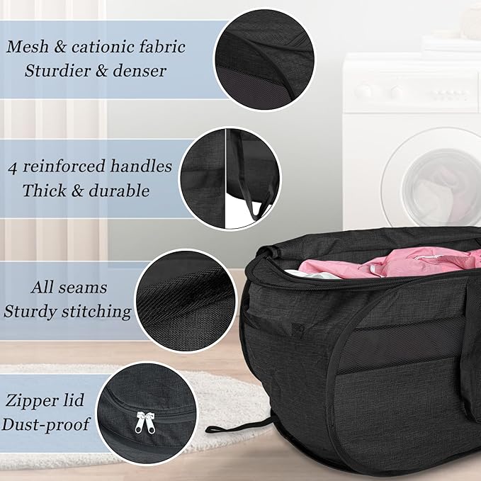 Upgraded 100L Extra Large Mesh Pop Up Laundry Hamper with Lid & Handles, XL Foldable Dirty Clothes Basket for Home Dorm Closet Storage, Portable Laundry Bin, Black. H