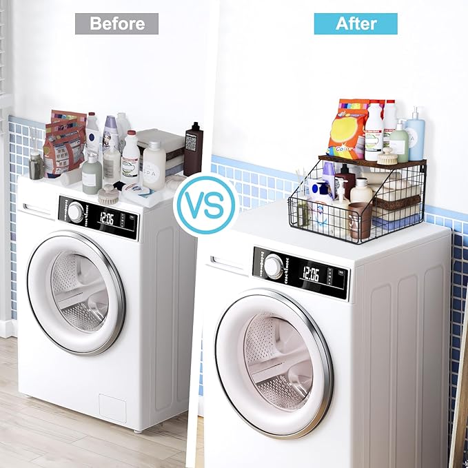 MSJGA Laundry Room Shelves Wall Mounted with Storage Basket - Farmhouse Stackable Wire Wall Shelves Organizer for Towels, Detergent, Tissues | Space-Saving Over Washer & Dryer(11.8" Wx12 Dx8.5 H)