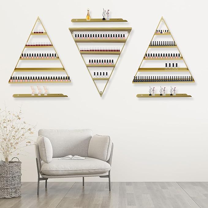 5 Tier Wall-Mounted Metal Nail Polish Display Rack,Simple Triangular Storage Shelves,Essential Oil and Perfume Organizers,Cosmetic Display Cases for Home Spa Nail Salon Shop (Gold)