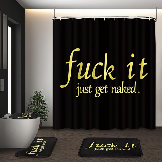 ArtSocket 4PC Black Funny Get Naked Shower Curtain Sets Bathroom Decor with Rugs, Non-Slip Rug,Toilet Lid Cover, Bath Mat and 12 Hooks 72x72 inches