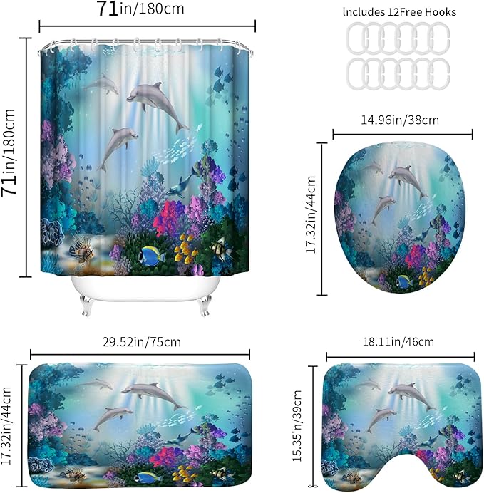 Ocean Dolphin Shower Curtain Set with 12 Hooks, Underwater World Themed Bathroom Decor, Water Resistant Fabric Bath Curtain 4 Piece Set