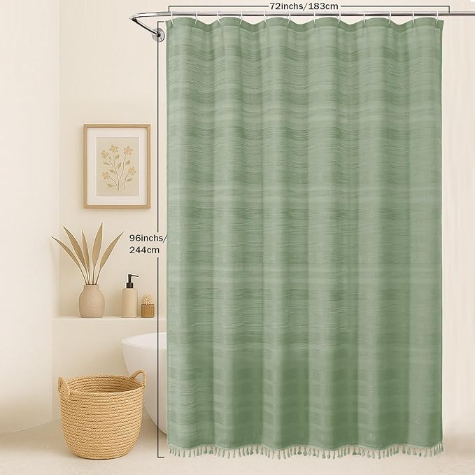 OVZME Extra Long Light Green Shower Curtain 96 Inch Long, Boho Linen Textured Soft Fabric Heavy Duty Cloth Bathroom Shower Curtain with Tassel, Tall Farmhouse Luxury Bath Decor, 72Wx96L Inches