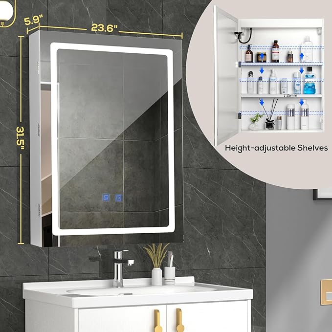 VOWNER Anti-Fog Lighted Bathroom Medicine Mirror Cabinet, Medicine Cabinet with Mirror and Lights, Dimmable, Adjustable Shelves, Memory 3-Color Mode(Engineered Wood, 24"×32")