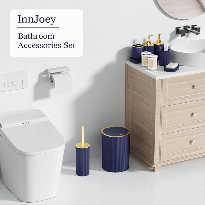 Navy Blue Bathroom Accessories Set - Bathroom Sets, 25PC Bath Accessory Set, Bathroom Sets with Push Top Trash Can, Shower Curtain and Rugs, Toilet Brush, Trash Can & Soap Dispenser