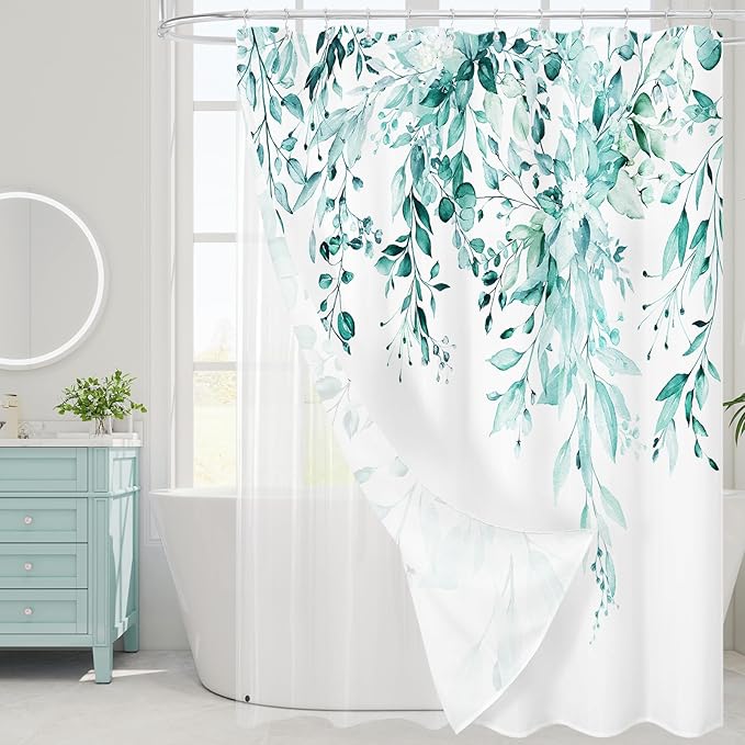 Gibelle 3 in 1 Shower Curtain Set, Teal 72x72 Eucalyptus Bath Curtain and PEVA Liner Set with 12 Metal Hooks, Waterproof Fabric Bathroom Curtain