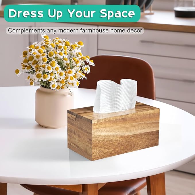 ALELION Rectangular Tissue Box Cover for 120, 160 Count Box - Acacia Wood Rectangle Tissue Box Holder - Decorative Facial Cube Tissue Box Cover for Tabletop Night Stands Bathroom Office