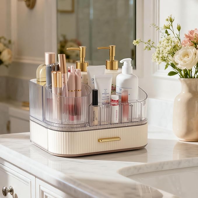 Delamu Makeup Organizer for Vanity with Stackable Drawers, 360 Rotating Makeup Brush Holder Large Cosmetic Display Case, Bathroom Skincare Storage, Elegant White, Ideal Gifts for Girls