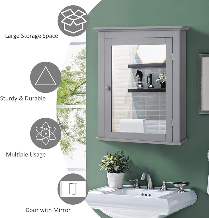 Tangkula Bathroom Cabinet with Mirror, Mirrored Wall-Mounted Storage Medicine Cabinet w/Single Door & Adjustable Shelf in 5 Positions, Multipurpose Wall Cabinet for Bathroom (Gray)