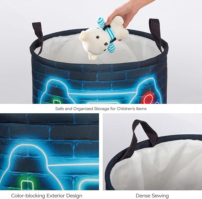 2Pcs Basketball Cute Kids Laundry Basket Baby Nursery Hamper Boys Room Decor Foldable Oxford Cloth Funny Tote Clothes Storage Bucket Organizer For Bedroom (Gamepad)