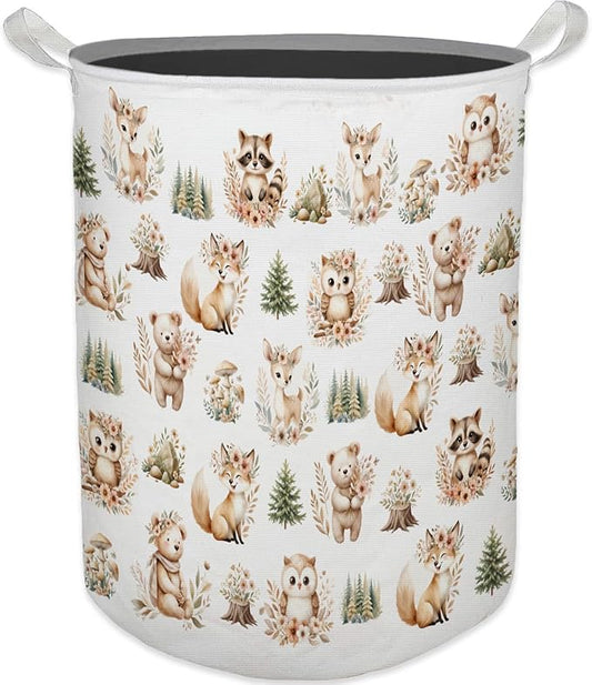 Kids Nursery Laundry Basket, Toybox for Girls Boys, Cute Boho Woodland Animals Laundry Hamper Waterproof Collapsible Storage Bin Organizer for Bedroom Bathroom Kids Toddler Room Clothes Toys