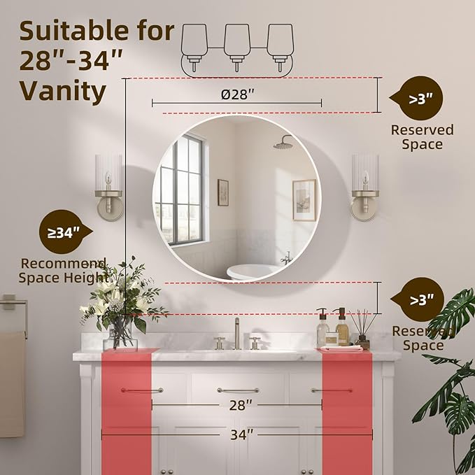28 x 28 Inch Round Medicine Cabinet with Mirror,White Circular Bathroom Cabinet Wall Mounted,Metal Framed Mirror Medicine Cabinet with Adjustable Shelves for Bathroom Vanity