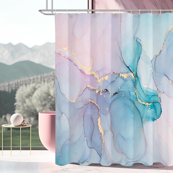 Gibelle Abstract Marble Shower Curtain, Watercolor Pink Turquoise Shower Curtain for Bathroom, Modern Ink Art Decor Waterproof Fabric Shower Curtain Set with Hooks, 71x71