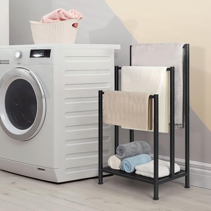 Freestanding Towel Rack, 3 Tier Metal Towel Rack Blanket Rack Stand for Bedroom Black Bath Towel Holder Stand Floor for Bathroom Floor Towel Holder with Wooden Storage Shelf