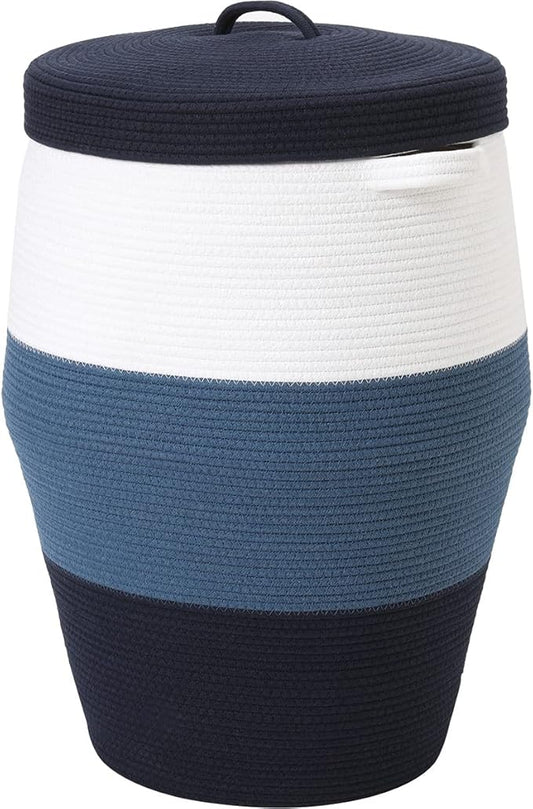26"x20" Handcrafted Tall Cotton Rope Basket with Lid, Stylish Flagon Shape with Cover, Clothes Hamper with Top, for Bedroom and Living Room, Dark Blue/Deep Blue